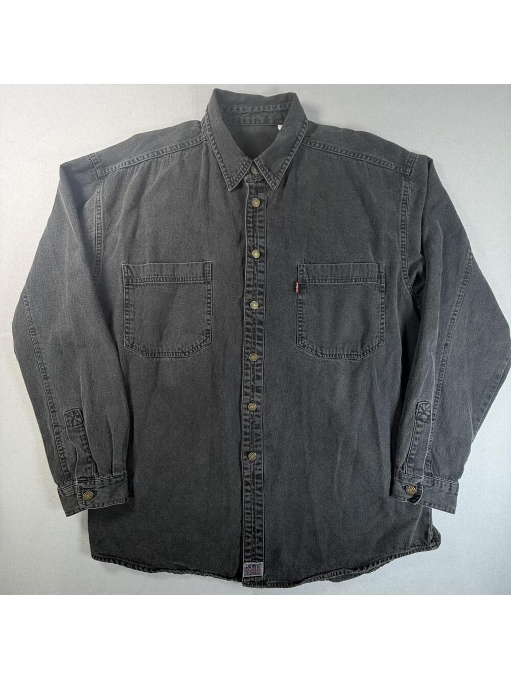 VTG 90s Levis Red Tab Denim Shirt Black Gray Button Up Mens L Workwear